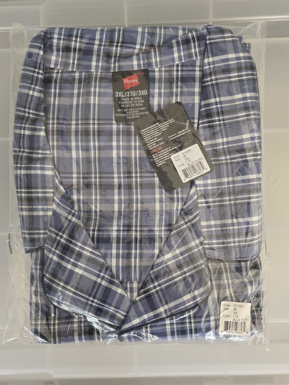 NWT Hanes Men's Cotton/Poly 2-Piece Blue Plaid Pajama Set - Size 3XL